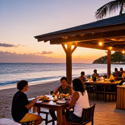 Caribbean Holidays, Grenada Beach Holidays, Relaxed beachside evening in Grenada, wooden restaurant terrace, sunset over the Caribbean Sea and diners enjoying local food