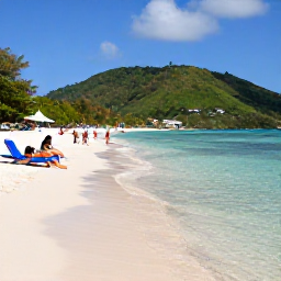 Caribbean Holidays, Grenada Beach Holidays, Travellers relaxing on Grand Anse Beach, Grenada, with sun loungers, clear shallow water and green hills in the background