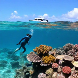 Caribbean Holidays, Grenada Beach Holidays, Travellers snorkelling over a colourful coral reef in clear Grenada water, with tropical fish and a small boat nearby
