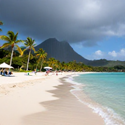 Caribbean Holidays, Grenada Beach Holidays, Visitors relaxing on Grand Anse Beach in Grenada, clear Caribbean water, palm trees and a small passing tropical shower over the hills