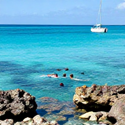 Caribbean Holidays, Grenada Beach Holidays, Visitors swimming and snorkelling in clear Caribbean water near Grenada, colourful tropical fish, rocky reef and a small boat offshore