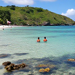 Caribbean Holidays, Grenada Beach Holidays, Visitors swimming and snorkelling in clear shallow water beside a quiet Grenada beach, with colourful fish, coral and lush green hills in the background