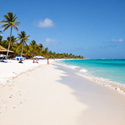 Caribbean Holidays, Grenada Beach Holidays, Wide view of Grand Anse Beach in Grenada, turquoise Caribbean water, soft white sand, palm trees and a few relaxed holidaymakers