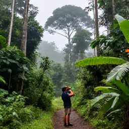 Caribbean Holidays, Grenada Birdwatching, A birdwatcher with binoculars on a forest trail near Grand Etang, surrounded by misty rainforest and tall tropical trees