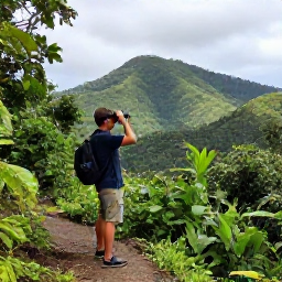 Caribbean Holidays, Grenada Birdwatching, A birdwatcher with binoculars on a rainforest trail overlooking Grenada's green hills