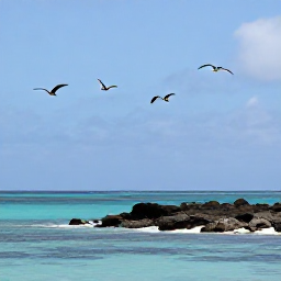 Caribbean Holidays, Grenada Birdwatching, A calm Grenada coastline with seabirds flying above turquoise water and rocky shore