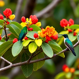 Caribbean Holidays, Grenada Birdwatching, A colourful garden in Grenada with hummingbirds and small tropical birds feeding among flowering plants