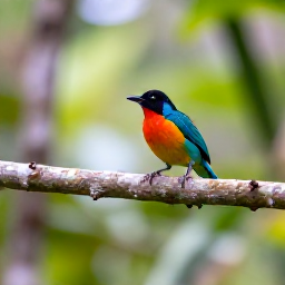 Caribbean Holidays, Grenada Birdwatching, A colourful Grenada bananaquit perched on a tropical branch in soft morning light, lush forest behind