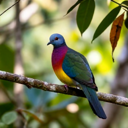 Caribbean Holidays, Grenada Birdwatching, A colourful Grenada dove perched on a branch in lush rainforest, with soft morning light and tropical foliage