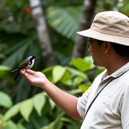 Caribbean Holidays, Grenada Birdwatching, A friendly local birdwatching guide showing visitors a bird in a Grenada nature reserve, with tropical forest in the background
