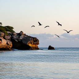 Caribbean Holidays, Grenada Birdwatching, A quiet Grenada coastline at sunrise with seabirds flying over calm blue water and a rocky headland