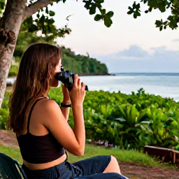 Caribbean Holidays, Grenada Birdwatching, A relaxed September birdwatching holiday scene in Grenada, with binoculars, tropical forest, calm sea and gentle afternoon light