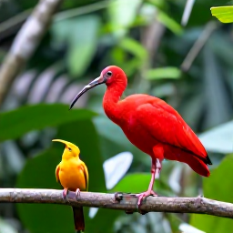 Caribbean Holidays, Grenada Birdwatching, A scarlet ibis and tropical birds among lush green foliage in Grenada's rainforest