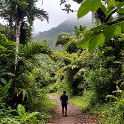 Caribbean Holidays, Grenada Birdwatching, Birder walking along a shaded rainforest trail in Grand Etang National Park, Grenada, with dense tropical vegetation and misty hills