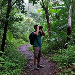 Caribbean Holidays, Grenada Birdwatching, Birder with binoculars on a shaded Grenada rainforest trail after a light tropical shower, realistic photography