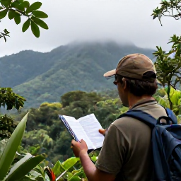 Caribbean Holidays, Grenada Birdwatching, Birdwatcher exploring Grand Etang National Park rainforest in Grenada, with misty mountains, tropical foliage and a field guide