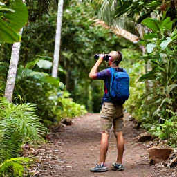 Caribbean Holidays, Grenada Birdwatching, Birdwatcher using binoculars beside a forest trail in Grenada, surrounded by lush tropical vegetation