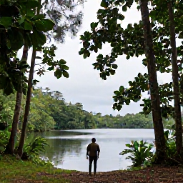 Caribbean Holidays, Grenada Birdwatching, Birdwatcher walking beneath tall rainforest trees beside Grand Etang Lake in Grenada