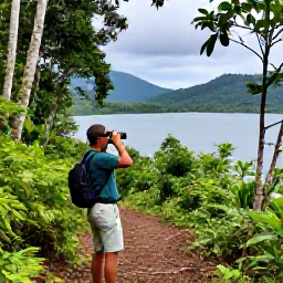 Caribbean Holidays, Grenada Birdwatching, Birdwatcher with binoculars on a forest trail beside Grand Etang Lake, surrounded by lush Grenadian rainforest