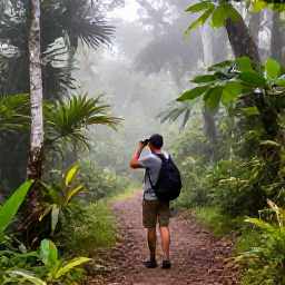 Caribbean Holidays, Grenada Birdwatching, Birdwatcher with binoculars on a forest trail in Grand Etang, Grenada, surrounded by misty tropical vegetation