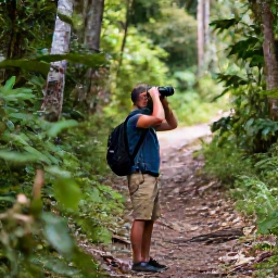 Caribbean Holidays, Grenada Birdwatching, Birdwatcher with binoculars on a forest trail in Grand Etang National Park, Grenada