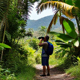 Caribbean Holidays, Grenada Birdwatching, Birdwatcher with binoculars on a shaded rainforest trail in Grenada, with tropical plants and distant hills