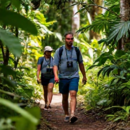 Caribbean Holidays, Grenada Birdwatching, Birdwatchers walking along a shaded rainforest trail in Grand Etang National Park, Grenada, with binoculars and tropical vegetation