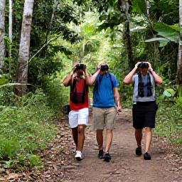 Caribbean Holidays, Grenada Birdwatching, Birdwatchers with binoculars walking quietly along a rainforest trail in Grand Etang, Grenada