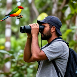 Caribbean Holidays, Grenada Birdwatching, Colourful Grenada forest in April with a birdwatcher quietly observing tropical birds through binoculars