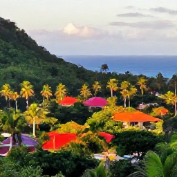 Caribbean Holidays, Grenada Birdwatching, Colourful Grenada landscape with tropical forest, palm trees and distant Caribbean sea under soft morning light