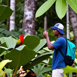 Caribbean Holidays, Grenada Birdwatching, Colourful Grenada rainforest in December with a birdwatcher quietly observing tropical birds among broad leaves and tall trees