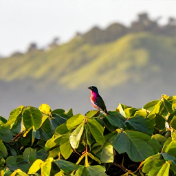 Caribbean Holidays, Grenada Birdwatching, Colourful Grenadian birds in lush rainforest foliage, with soft morning light and the island's green hills in the background