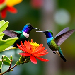 Caribbean Holidays, Grenada Birdwatching, Colourful tropical birds and a hummingbird visiting flowering plants in a Grenada hotel garden