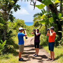 Caribbean Holidays, Grenada Birdwatching, Friendly birdwatchers with binoculars beside a scenic Grenadian trail, with rainforest, distant sea and bright tropical daylight