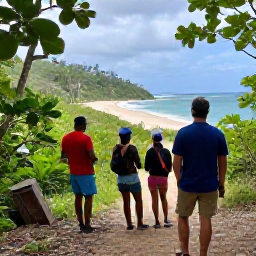 Caribbean Holidays, Grenada Birdwatching, Friendly birdwatching guide with visitors on a Grenada forest trail, followed by a Caribbean beach