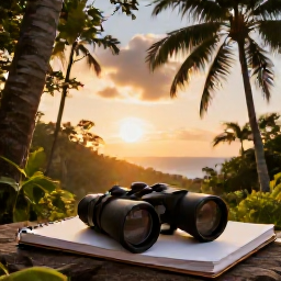 Caribbean Holidays, Grenada Birdwatching, Friendly birdwatching holiday scene in Grenada with binoculars, a notebook, tropical forest and a Caribbean sunset