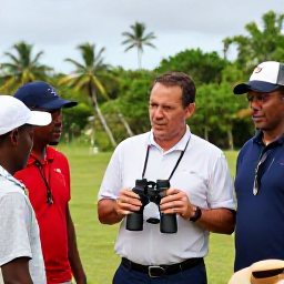 Caribbean Holidays, Grenada Birdwatching, Friendly local birdwatching guide with visitors in Grenada, binoculars and field guide visible, tropical countryside behind them