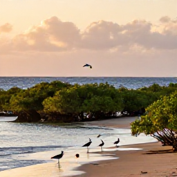 Caribbean Holidays, Grenada Birdwatching, Grenada coastline and wetlands at sunrise with seabirds, herons and wading birds near mangroves
