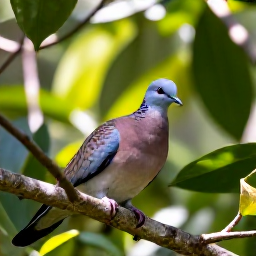 Caribbean Holidays, Grenada Birdwatching, Grenada dove in natural forest habitat on Grenada, surrounded by broad green leaves and filtered sunlight