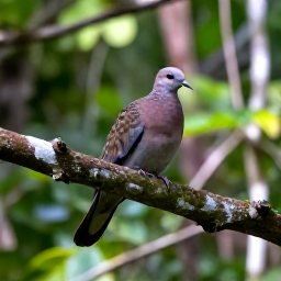 Caribbean Holidays, Grenada Birdwatching, Grenada dove perched quietly in a tree in Grand Etang National Park, with dense green rainforest in the background
