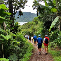 Caribbean Holidays, Grenada Birdwatching, Morne Rouge and Grand Etang rainforest landscape in Grenada with a guide leading birdwatchers along a shaded trail