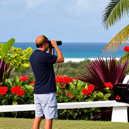 Caribbean Holidays, Grenada Birdwatching, Peaceful Grenada coastline and garden habitat with a birder using binoculars, tropical flowers and distant blue sea