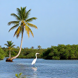 Caribbean Holidays, Grenada Birdwatching, Quiet coastal wetland in Grenada with a white heron, palm trees, mangroves and calm blue water under a clear sky