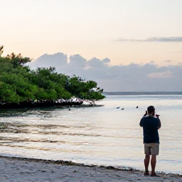 Caribbean Holidays, Grenada Birdwatching, Quiet Grenada coastline at sunrise with mangroves, sea birds and a birdwatcher looking across calm water