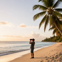 Caribbean Holidays, Grenada Birdwatching, Relaxed birdwatcher on a quiet Grenada beach at sunrise with binoculars, palms and calm Caribbean water