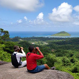 Caribbean Holidays, Grenada Birdwatching, Relaxed birdwatchers with binoculars at a peaceful Grenada viewpoint overlooking rainforest and sea