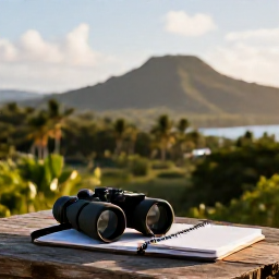 Caribbean Holidays, Grenada Birdwatching, Relaxed birdwatching holiday scene in Grenada with binoculars, field notebook, tropical hills and warm Caribbean afternoon light