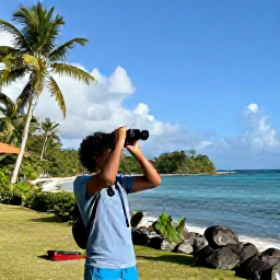 Caribbean Holidays, Grenada Birdwatching, Relaxed Caribbean birdwatching holiday scene with binoculars, tropical landscape and calm sea in Grenada