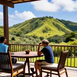 Caribbean Holidays, Grenada Birdwatching, Relaxed Caribbean hotel terrace overlooking Grenada&rsquo;s green hills after a morning birdwatching excursion