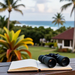 Caribbean Holidays, Grenada Birdwatching, Relaxed Caribbean morning in Grenada with binoculars, a notebook and tropical garden overlooking the sea